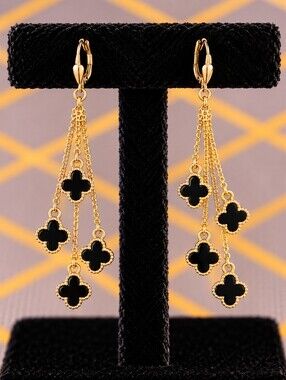 22kgp Dubai Jewelry Gold Tone Black Clover Dangle Earrings - Women's Jewelry